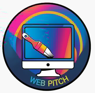 Colorful "WEB PITCH" logo features paintbrush over computer monitor.