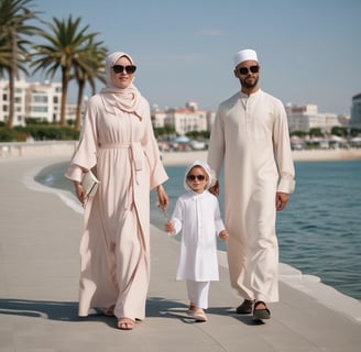 A joyful Muslim family on holiday in a beautiful, Muslim-friendly destination like Turkey or Malaysi