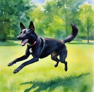 Watercolor illustration of a black colored Carolina Dog mid-leap catching a frisbee in an impression