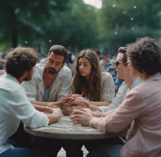 a group of people sitting on a hill with their hands up