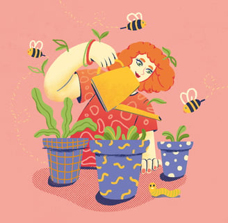 a woman is watering potted plants, surrounded by bees