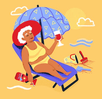 an old woman in a yellow swimsuit sitting on a beach chair on the beach, drinking a cocktail