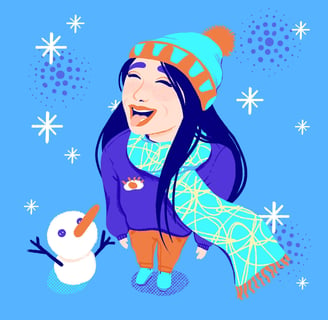 a woman in a blue sweater and a hat catching a snowflake with her mouth. a snowman besides her.