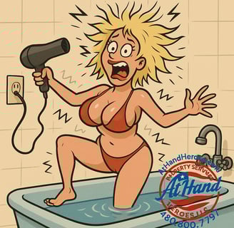 Lady in Bathtub with Blow Dryer acting like being electrocuted