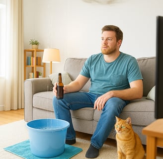 Roof Leak in Peoria Home with guy on couch drinking beer