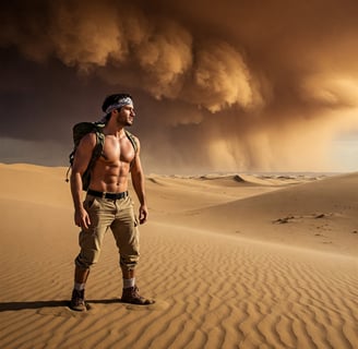 a man in a hat and a backpacker in the desert