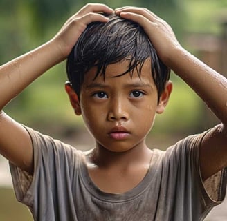 malaysian boy scratching head public gold