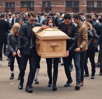 Several people are carrying a wooden coffin with brass handles in an outdoor setting surrounded by greenery. The group appears somber and focused on the task at hand.