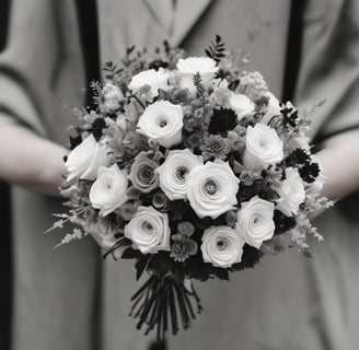 A bouquet of white and pink flowers wrapped in cellophane, with raindrops on the surface. A handwritten card with a heartfelt message is attached, expressing remembrance.