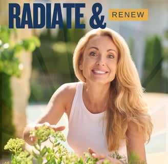 Lady smiling in the sunshine with light coming from behind her and "Radiate and Renew" written above her.