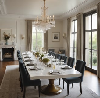 An elegantly decorated room featuring intricate wall designs with blue accents and beige tones. A large, ornate chandelier hangs from the ceiling, while richly embroidered curtains frame a tall window. A wooden cabinet with elaborate inlays and a decorative clock is against the wall. In the foreground, there is a set of antique wooden furniture with upholstered chairs and a small table adorned with candelabras.