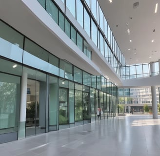 A person is cleaning a glass surface on a modern building using a squeegee. They stand on a narrow ledge with a safety harness attached. Another person is on an escalator inside the building, partially visible through the glass.