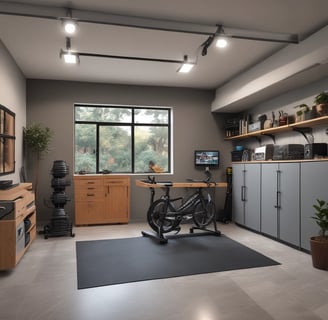 A cluttered storage area with shelves filled with various items such as cleaning products, cans, and boxes. On the floor are stacked cardboard boxes, plastic bins, and a bicycle. The ceiling is partially open, showing wooden beams. A fan is also visible among the items.