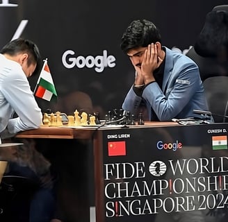 two men playing chess in a conference room
