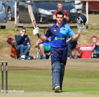 Marc Ellison completes his century v Waringstown, 2019 Challenge Cup Final, Cricket Europe