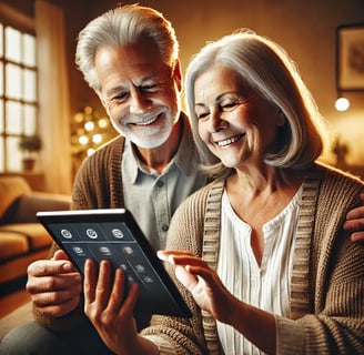 Un couple senior utilise un dispositif de technologie intuitive avec un écran simple et lisible dans