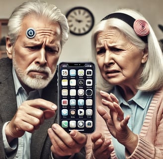 Un homme et une femme seniors essaient de naviguer sur un smartphone complexe avec de petites icônes