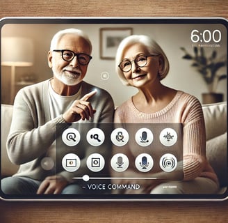 Un couple senior utilise une tablette intuitive avec de grandes icônes et des boutons bien visibles