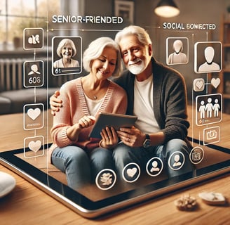 Un couple senior utilise une tablette avec une interface de réseau social adaptée aux seniors