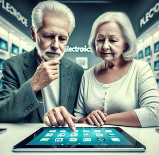 Un couple senior examine attentivement une tablette à l’interface simplifiée dans un magasin