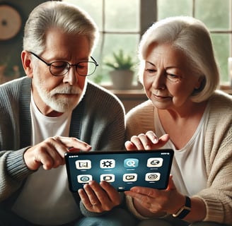 Un couple senior explore une nouvelle tablette dans un environnement calme et confortable