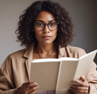 A person in a floral shirt is sitting at a wooden table reading a book titled 'Expert Secrets' by Russell Brunson. Next to them is a laptop and a black mug with '80/20' printed on it. The background features a blurred cafe environment with other people, creating a relaxed and cozy atmosphere.