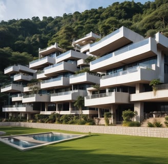 A large residential or hotel complex with red-roofed buildings is surrounded by lush green lawns and a swimming pool area. The complex is located on a hillside with a view of a densely packed urban landscape in the background. The sky is a vibrant mix of yellow and blue, with scattered clouds.