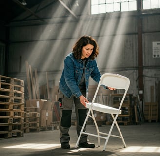 mujer inspeccionando una silla para su evento