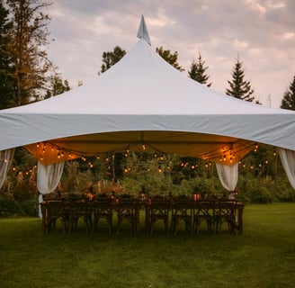 Carpa 20x20 en el patio de una casa, adornada con luces, sillas, mesas