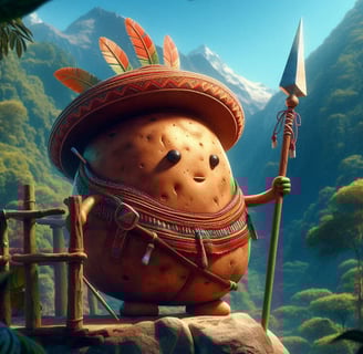  "Ilustração de uma batata antropomorfizada vestida com trajes incas, segurando uma lança e olhando 