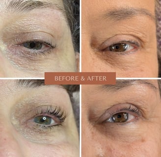 before and after images of a lash lift and tint
