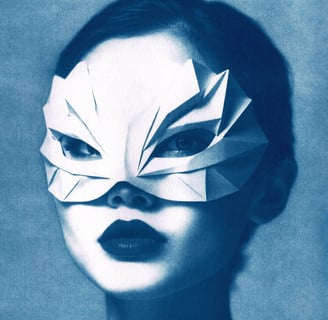 Portrait of a woman with bold lipstick, wearing a geometric paper mask resembling abstract feathers,