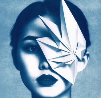 Close-up of a woman with blue-toned skin, dark lips, and a geometric paper structure covering her ri