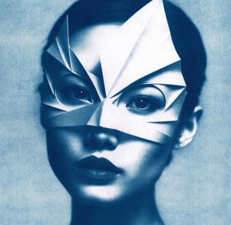 Close-up of a woman with dark hair, wearing an angular paper mask resembling a bird or superhero, ag