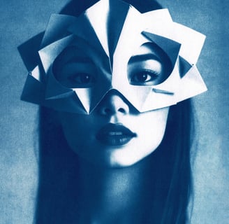 Close-up of a woman with long, straight hair, wearing a geometric paper mask covering her upper face