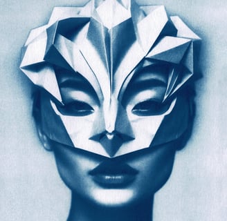 Close-up of a woman with blue-toned skin, wearing an intricate geometric paper mask covering her upp