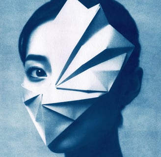 Close-up of a woman with dark hair, smooth skin, and one visible expressive eye. A geometric paper m