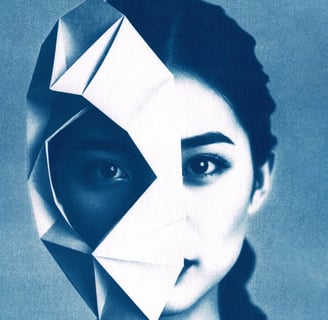 Portrait of a woman with dark hair and light skin, partially obscured by a blue geometric origami ma