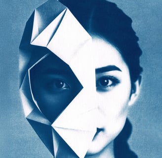 Portrait of a woman with dark hair and light skin, partially obscured by a blue geometric origami ma