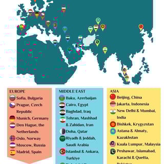 A map showing the location of all the Afghan Embassies issuing tourist visas