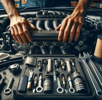 Mechanic replacing air filters, spark plugs, and fuel filters in a car engine