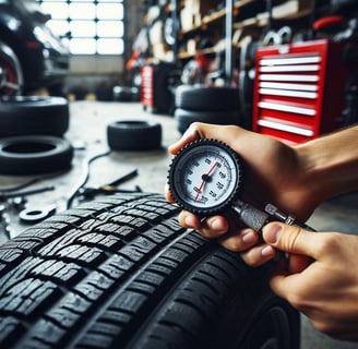 Close-up of a car tire being checked with a tire gauge in a workshop
