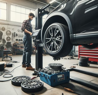 Mechanic balancing car wheels in a workshop.