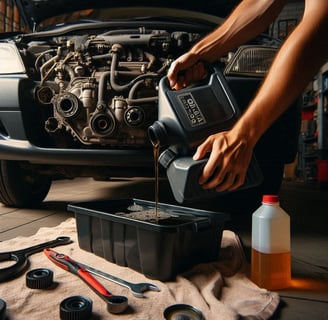 Person changing car oil with tools and new oil filter in a garage