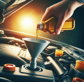 Person adding oil to a car engine, showing low oil level