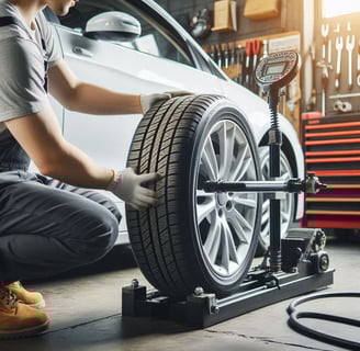 Mechanic checking car wheel alignment using a machine in a garage.