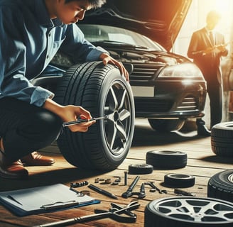 Inspecting a car tire for damage or foreign objects