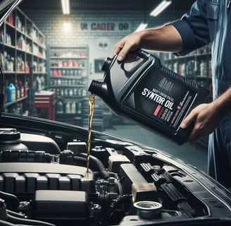  Mechanic pouring synthetic motor oil into car engine