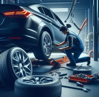 Mechanic rotating car tires in a workshop.