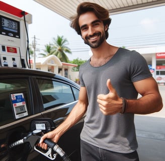  Man smiling and giving a thumbs up next to his car at a fuel station, celebrating high mileage.